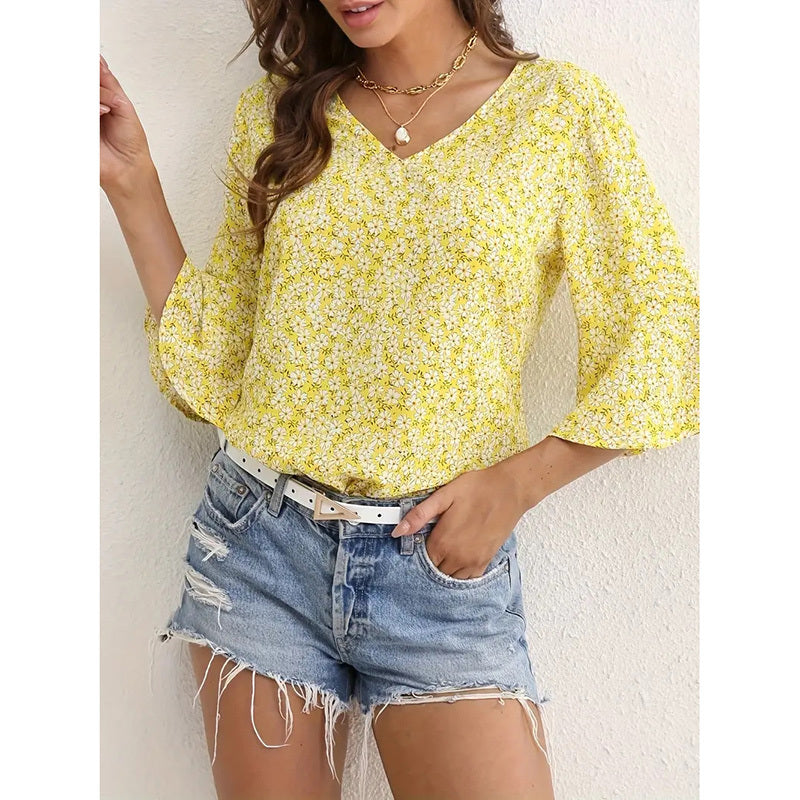 Womens Summer Floral Print Blouses V-Neck Flare Sleeve Tops Dressy Casual T-Shirts CJ US