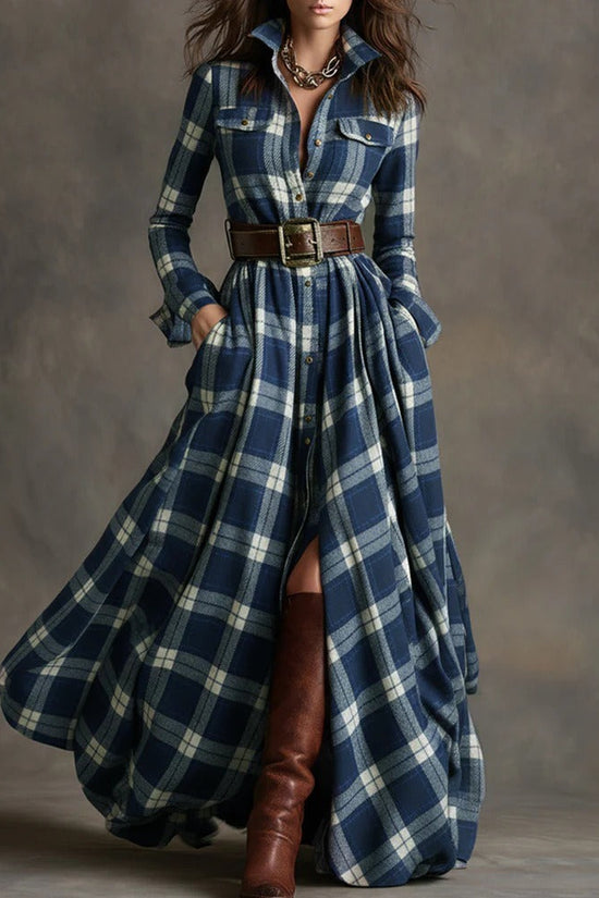 Ins Plaid Print Long-Sleeved Dress Fashion Pockets Collared Buttons Shirt Long Dresses Retro Women's Clothing 