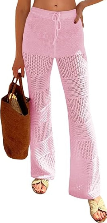 Saodimallsu Womens Beach Cover Up Pants Boho Crochet Knit High Waist Drawstring Sheer Hollow Swim Pant Swimwear CJ US