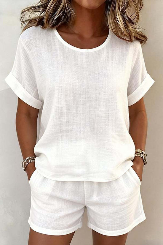 Solid-color Casual Round-neck Short-sleeve Shorts Two-piece Set 