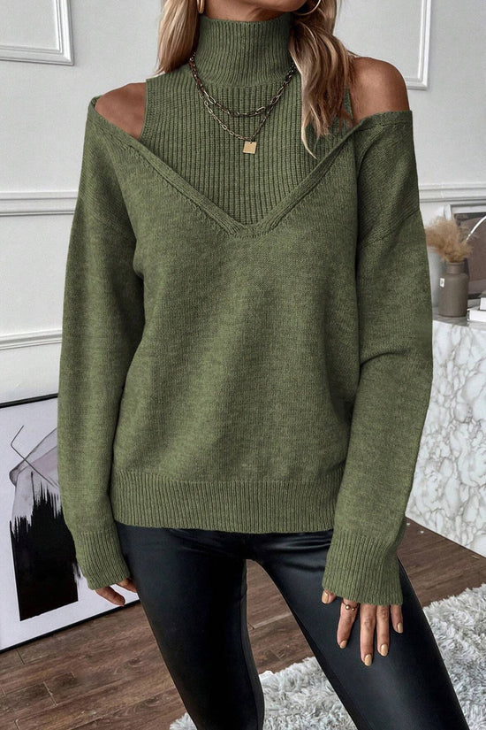Women’s Elegant Off-Shoulder Turtleneck Sweater — Long Sleeve Knit Top 