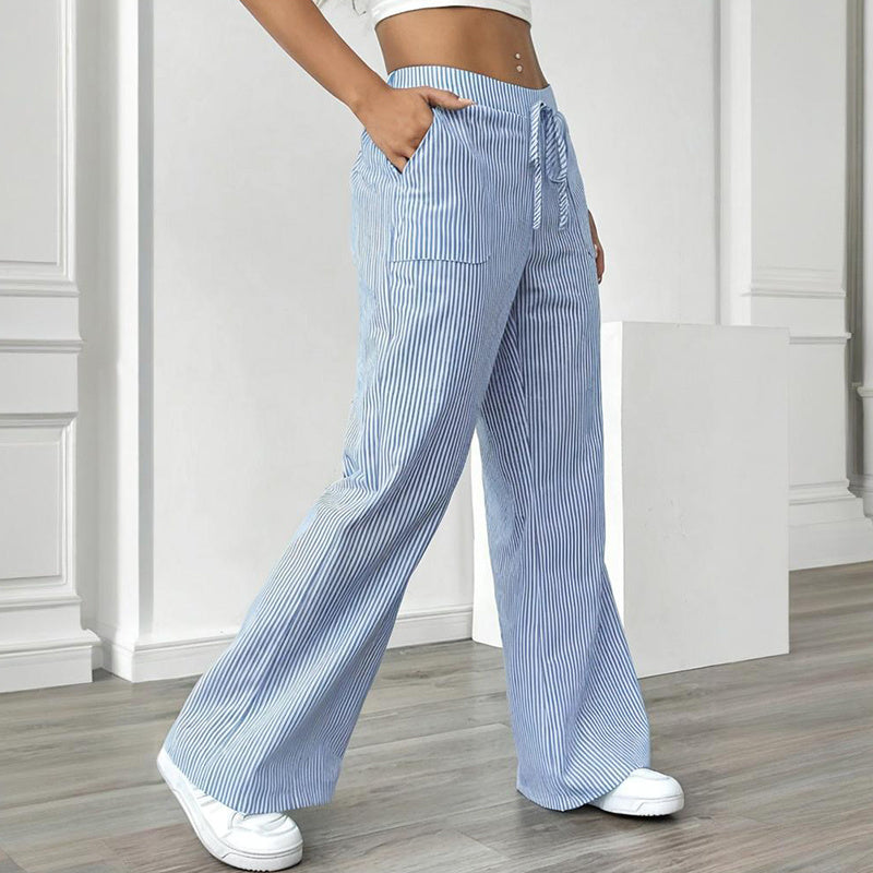 Women's Striped Print Straight Wide Leg Pants Drawstring Waist Slant Pockets Pants Casual Long Pants CJ US