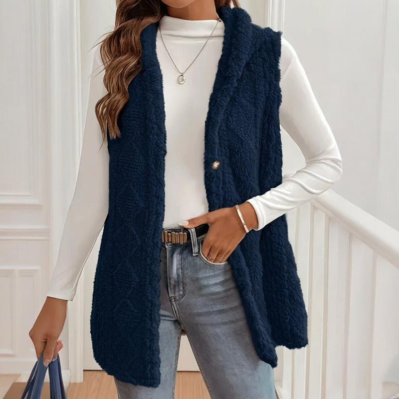Women's Textured Sleeveless Hooded Vest, Button-Front Layering Piece For Fall & Winter Outfits CJ US