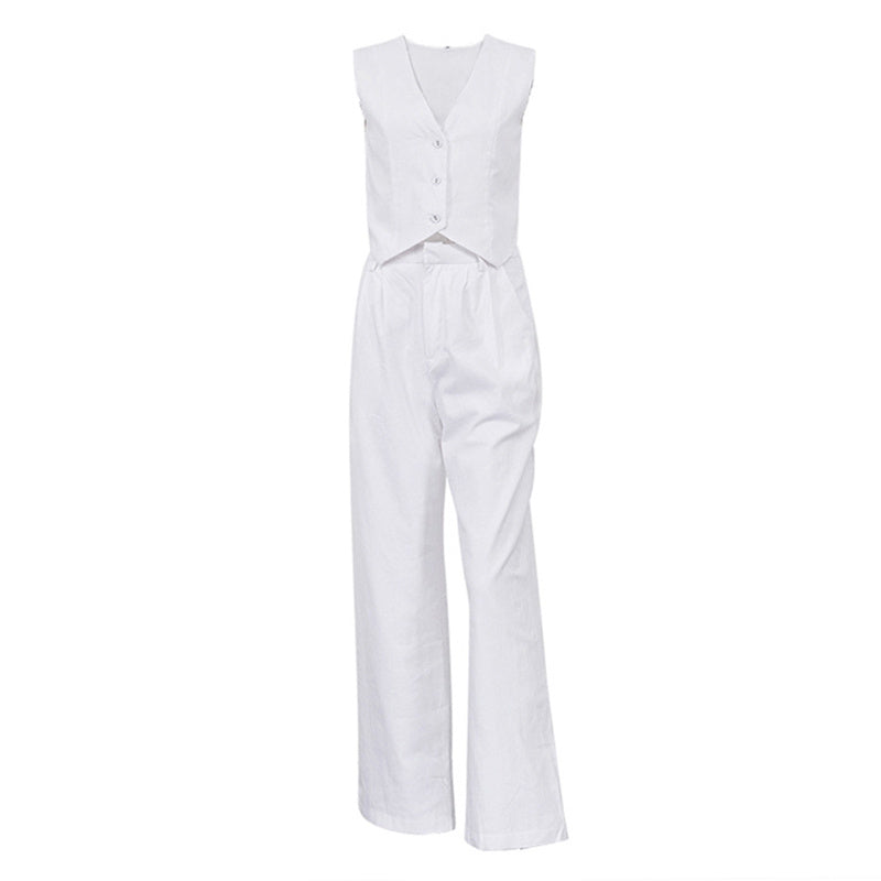 Women's Solid Color V-Neck Vest Two-Piece Set Button Front Vest Top With Pocket Pants For Spring & Summer Casual Outfit CJ US