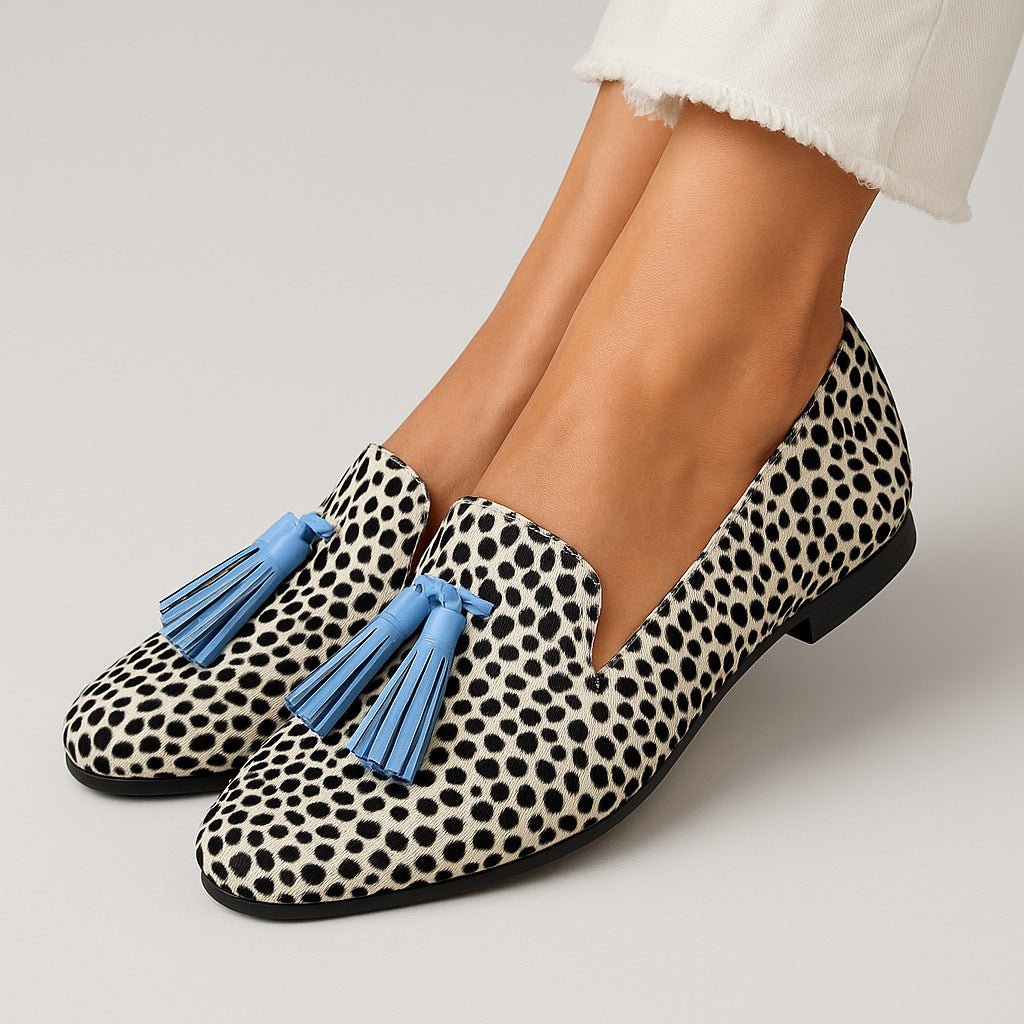 Tassel Low-heel Round Toe 40-43 Shallow Large Size Leopard Print Casual Loafers 