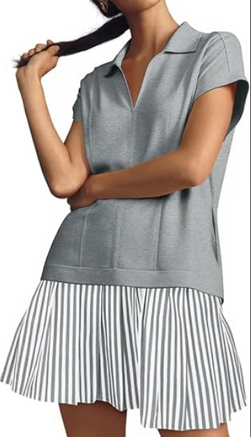 Fisoew Womens Summer Mini Dress Casual Patchwork Short Sleeve Polo V Neck Striped Dresses With Pockets CJ US
