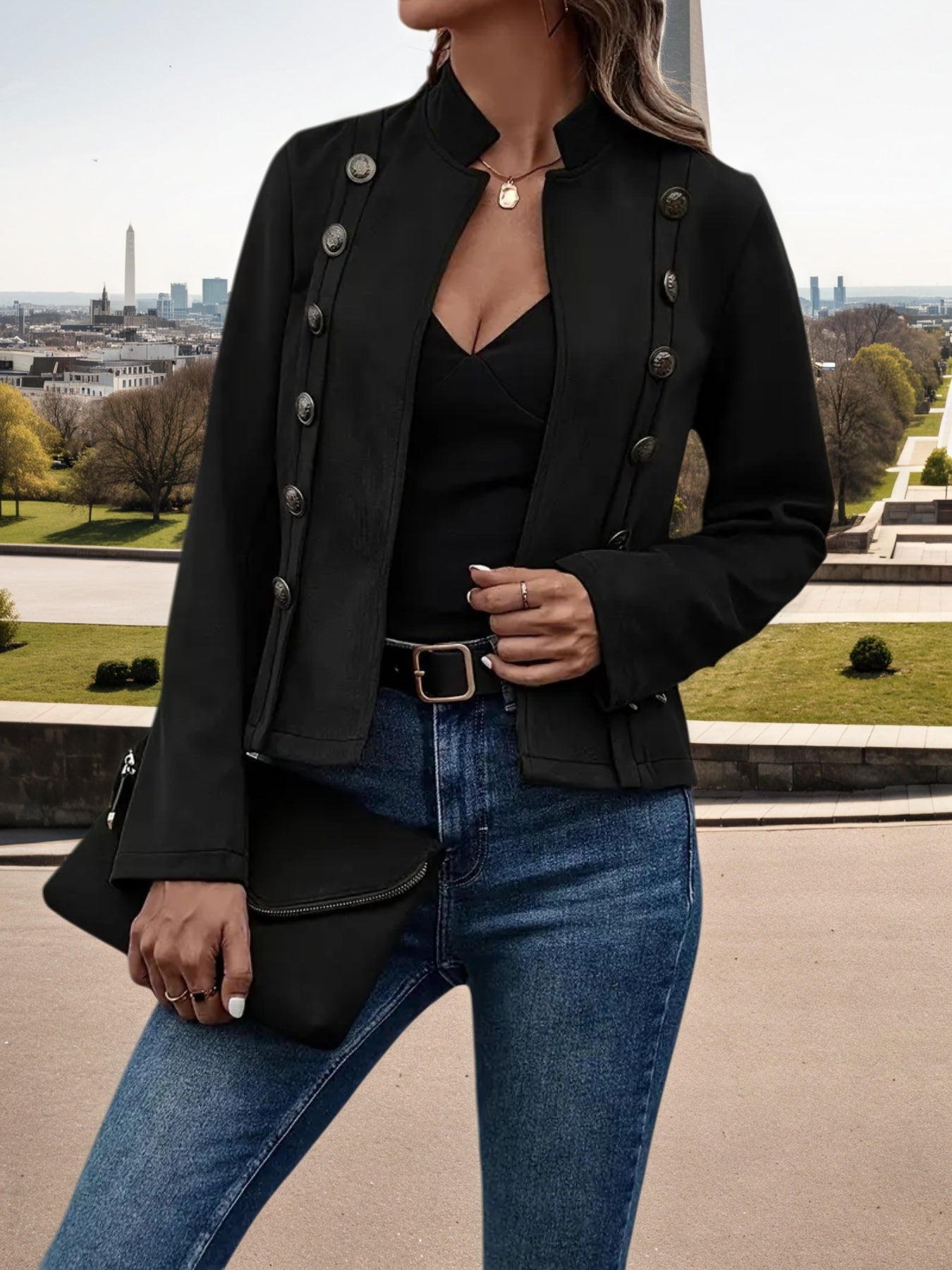 2025 New Women's Fashion Casual Women's Jacket, Solid Color Double Breasted Decorative Jacket, Spring And Autumn Retro Long Sleeve Jacket, Women's Clothing CJ US