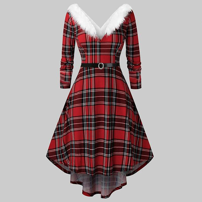 Christmas Women's Fur Patchwork V-neck Long Sleeved Dress CJ
