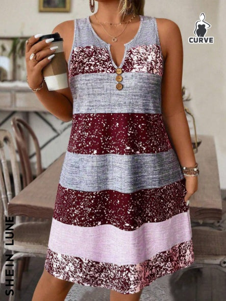 Plus-size Striped Tank Top Sleeveless Skirt Print CJ US