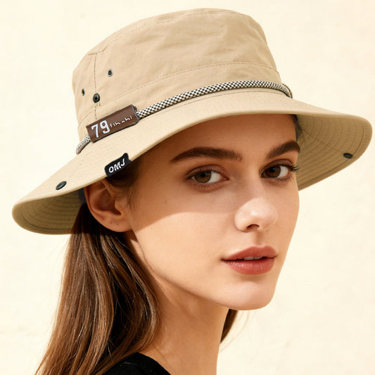 Plain-color Letter-pattern Leather Sun-protective Wide-brimmed Sunshade Outdoor Simple Style Fisherman Hat For Daily Commuting, Fishing, Mountain Climbing 