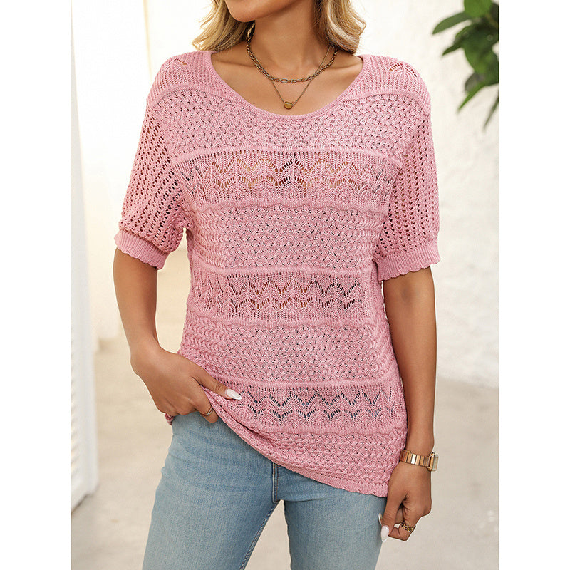 Women’s Short Sleeve Crochet Knit Hollow-Out Top CJ US