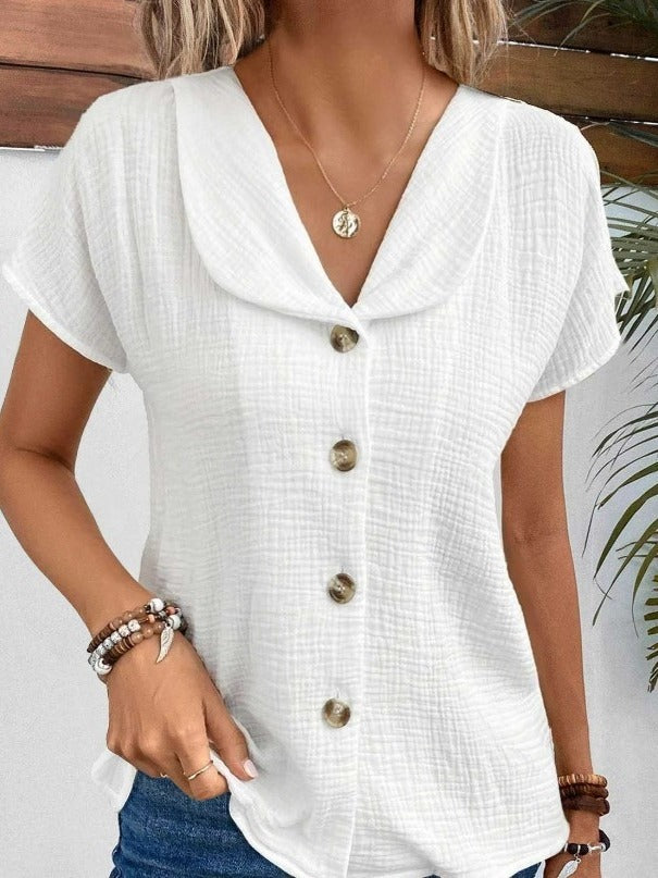 Summer Solid Color Fashion Short-sleeved Cardigan Button Women's Top FitiqueFit