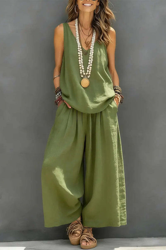 Womens Solid-Colored Casual Sleeveless Tank Top And Wide-Leg Pants Cotton-Linen Set 