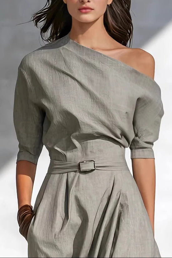 Slanted Shoulder Waist Long Dress 