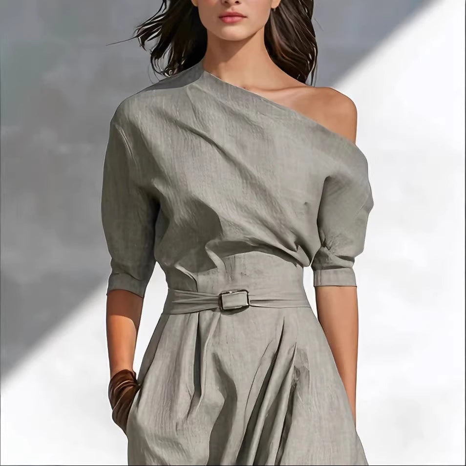 Slanted Shoulder Waist Long Dress 