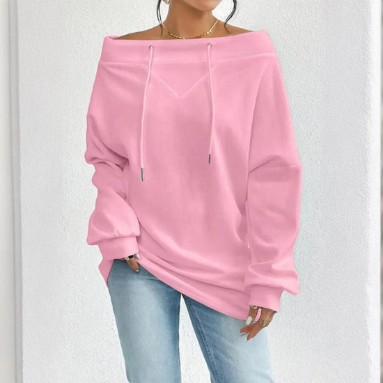 Plus Size Women's Solid Color Off-Shoulder Long Sleeve Pullover With Drawstring - Casual Ribbed Detail Top For Spring&Fall CJ US
