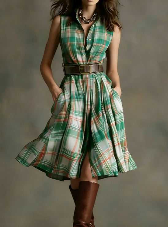 Plaid Collared Sleeveless Fitted Waist Dress 