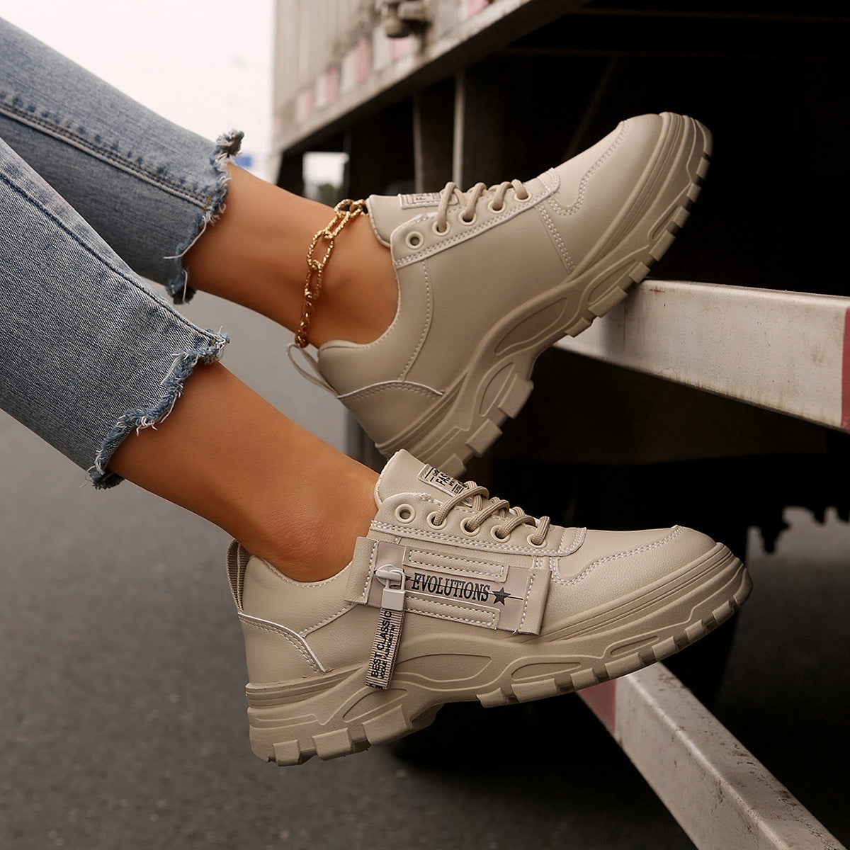 Lace-up Sports Shoes With Side-Zipper Design Fashion Thick-soled Round-toe Casual Shoes For Women Sneakers CJ US