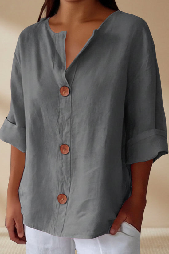 Women's V-neck cotton and linen buttoned blouse 