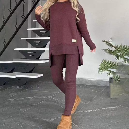Women's 2-Piece Lounge Set, Casual Long Sleeve Side Slit Sweatshirt Outfit With Stretchy High Waist Leggings CJ US