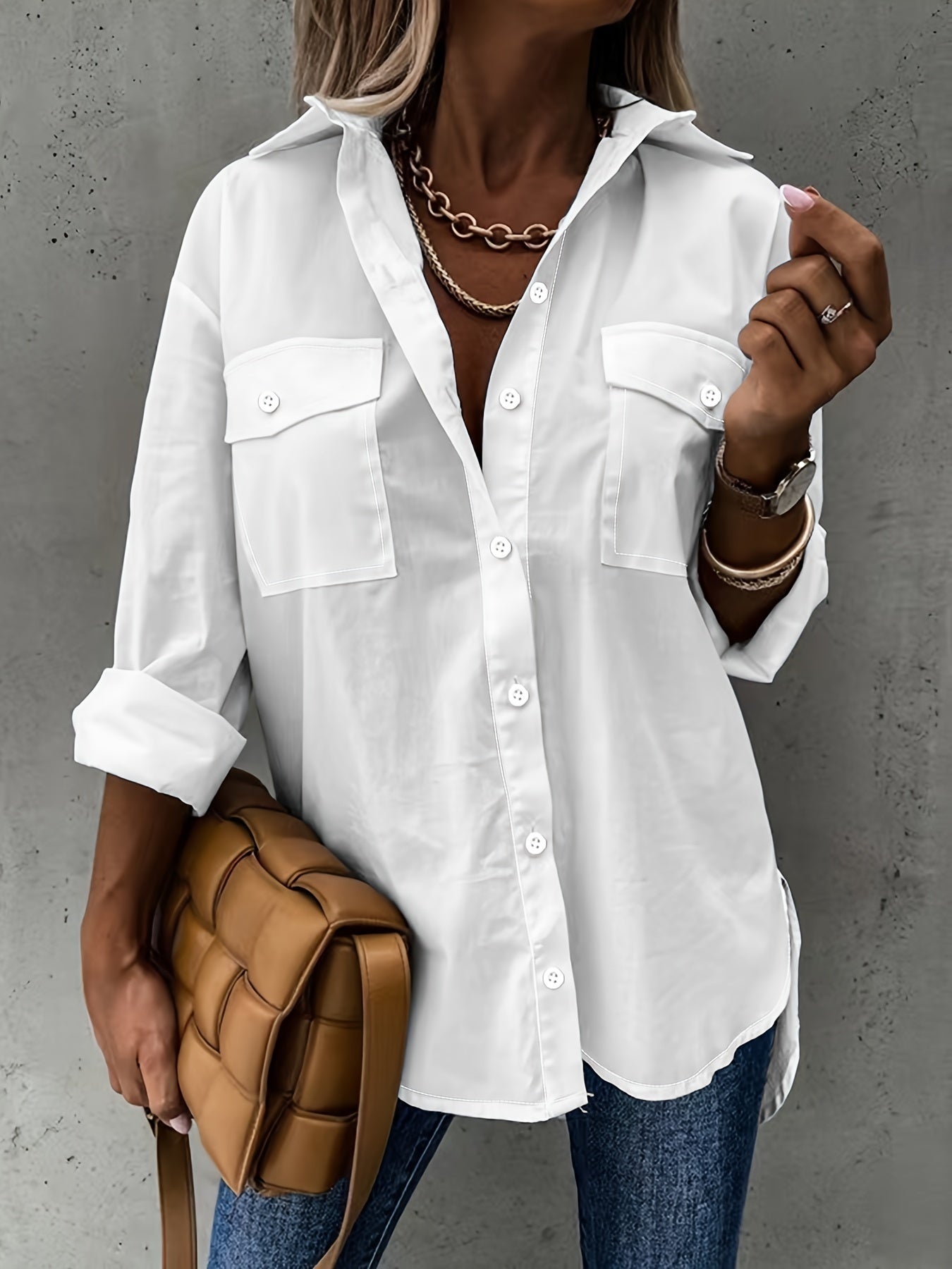 Simple Casual Long Sleeve Shirt With Pocket CJ US