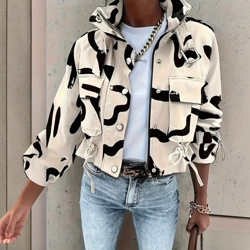 Women's Stand Collar Long Sleeve Jacket With Button & Zipper Closure - Two Large Pockets & Drawstring Hem Casual Short Jacket For Spring&Fall CJ US