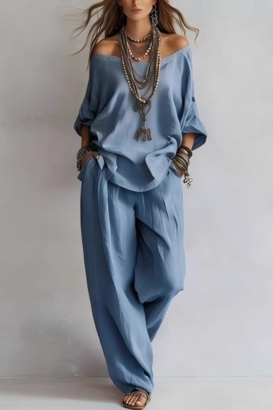 Chiffon Puff-Sleeve Top & Wide-Leg Pants Set – 15 Colors 