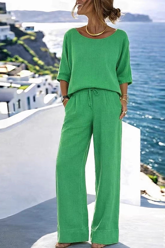 Cotton-Linen Minimalist Elegant Resort Short-Sleeve Pants Set 