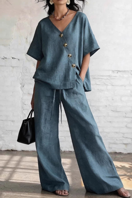 Casual Vacation Loose Cotton-Linen V-Neck Wide-Leg Pants Two-Piece Set 