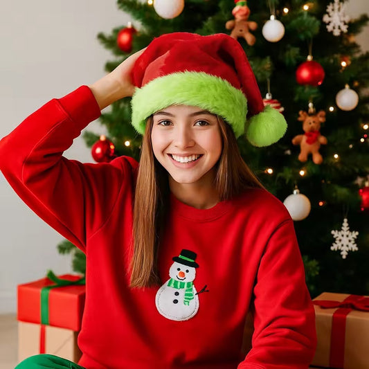 Fluorescent Green Decorative Red Suede Double Layer Christmas Hat CJ