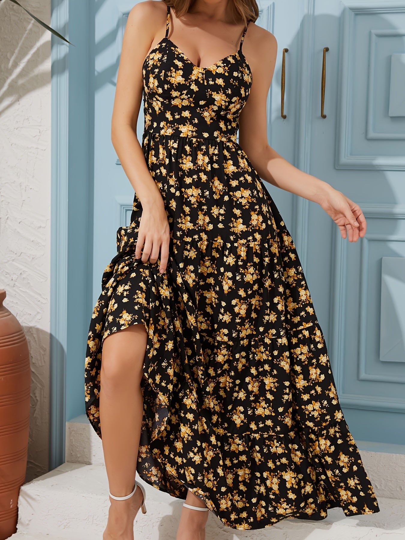 Women's Summer V-Neck Floral Print Strappy Dress - Sexy Backless Bowknot Flowy Maxi Party Dress CJ US