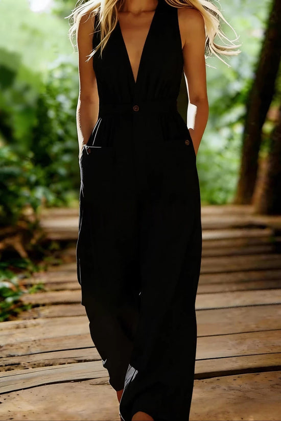 Loose-fit Casual V-neck Sleeveless Solid-color Wide-leg Jumpsuit With Pockets 