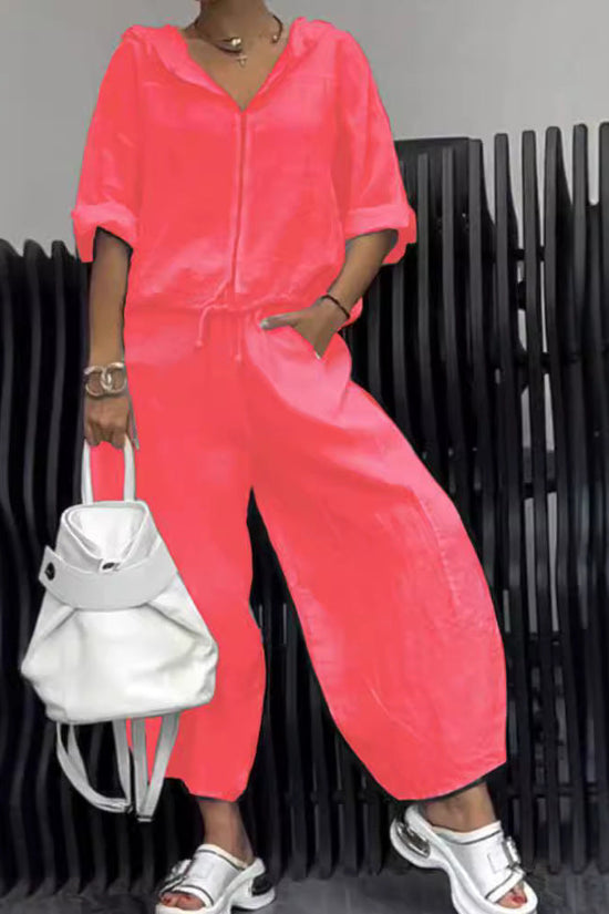 Cotton And Linen Womens Casual Fashion Long-Sleeve Top And Pants Two-Piece Set 