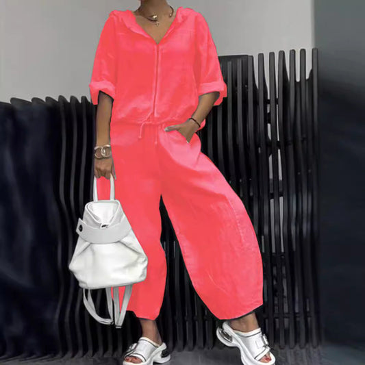 Cotton And Linen Womens Casual Fashion Long-Sleeve Top And Pants Two-Piece Set 