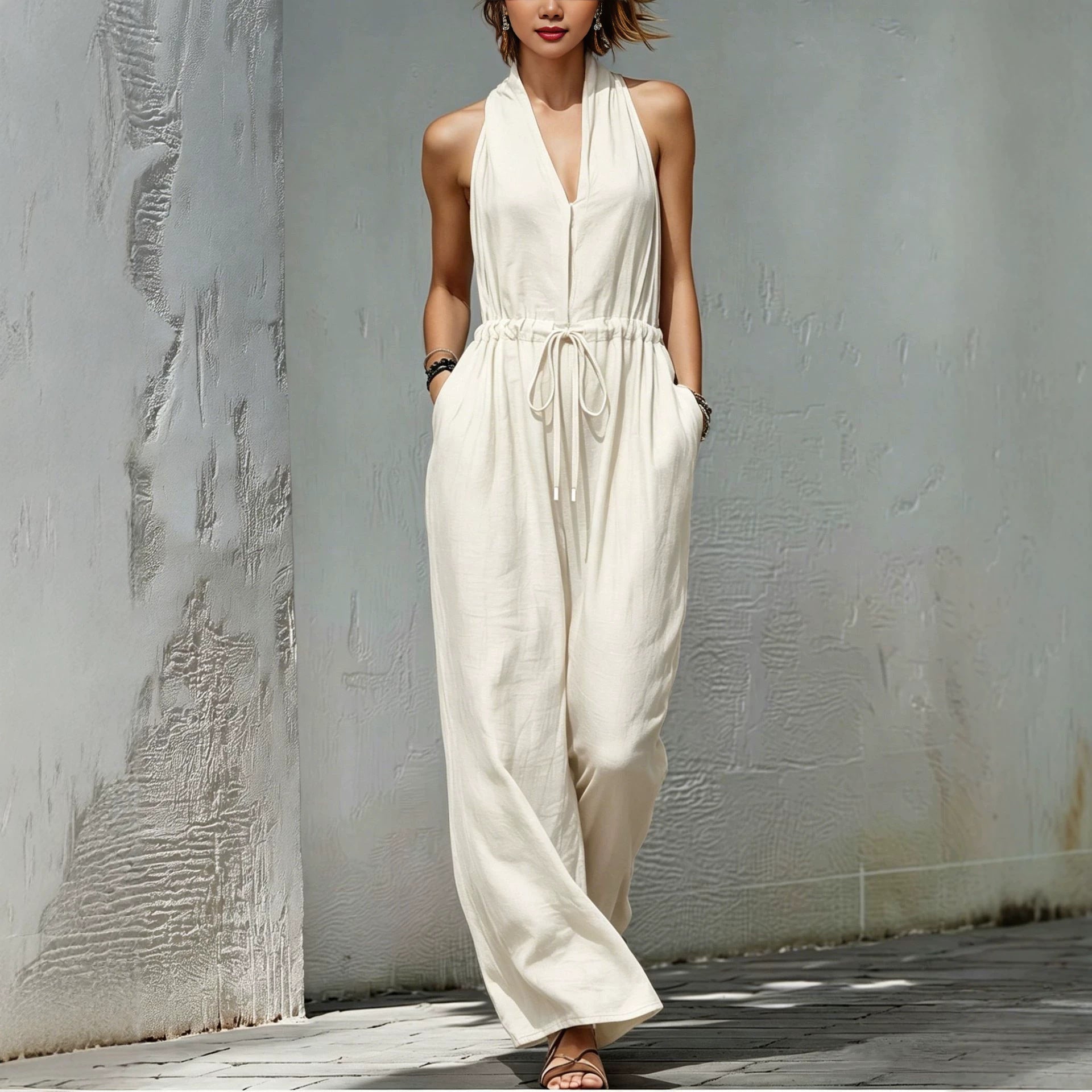 Womens Sleeveless Solid-Color Long Holiday Jumpsuit 