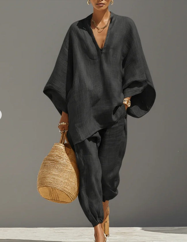 Casual Relaxed Loose-Fitting Solid-Color Shirt Set 