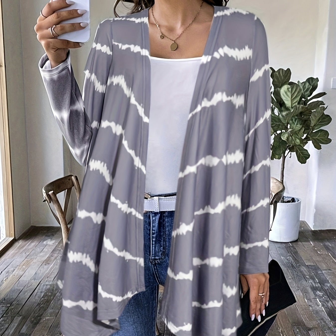 Ladies' Printed Buttonless Open Top Fashionable Versatile Vacation Jacket Top CJ US