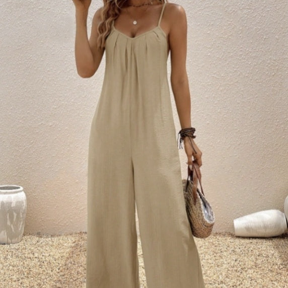 Women's V-neck Fashionable Casual Solid Color Suspender Jumpsuit CJ