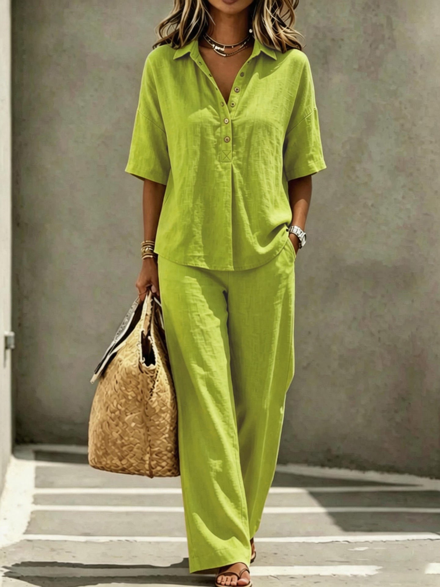 Womens Polo-Neck Button-Up Top And Wide-Leg Pants Two-Piece Set 