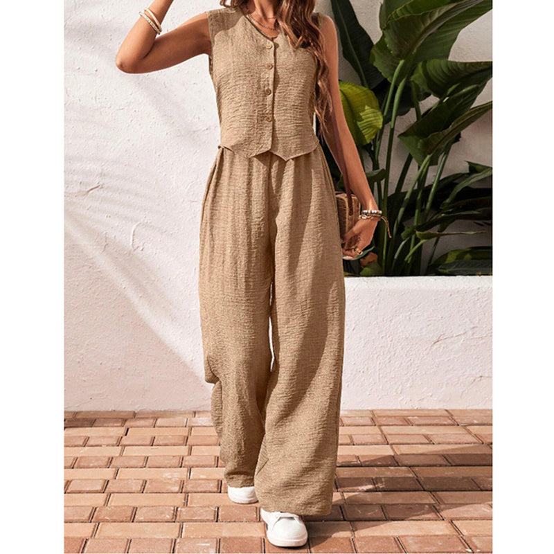 Womens Two Piece Outfits Summer Fashion Button V Neck Crop Vest Blazer And Wide Leg Pants Suit Matching Sets CJ US