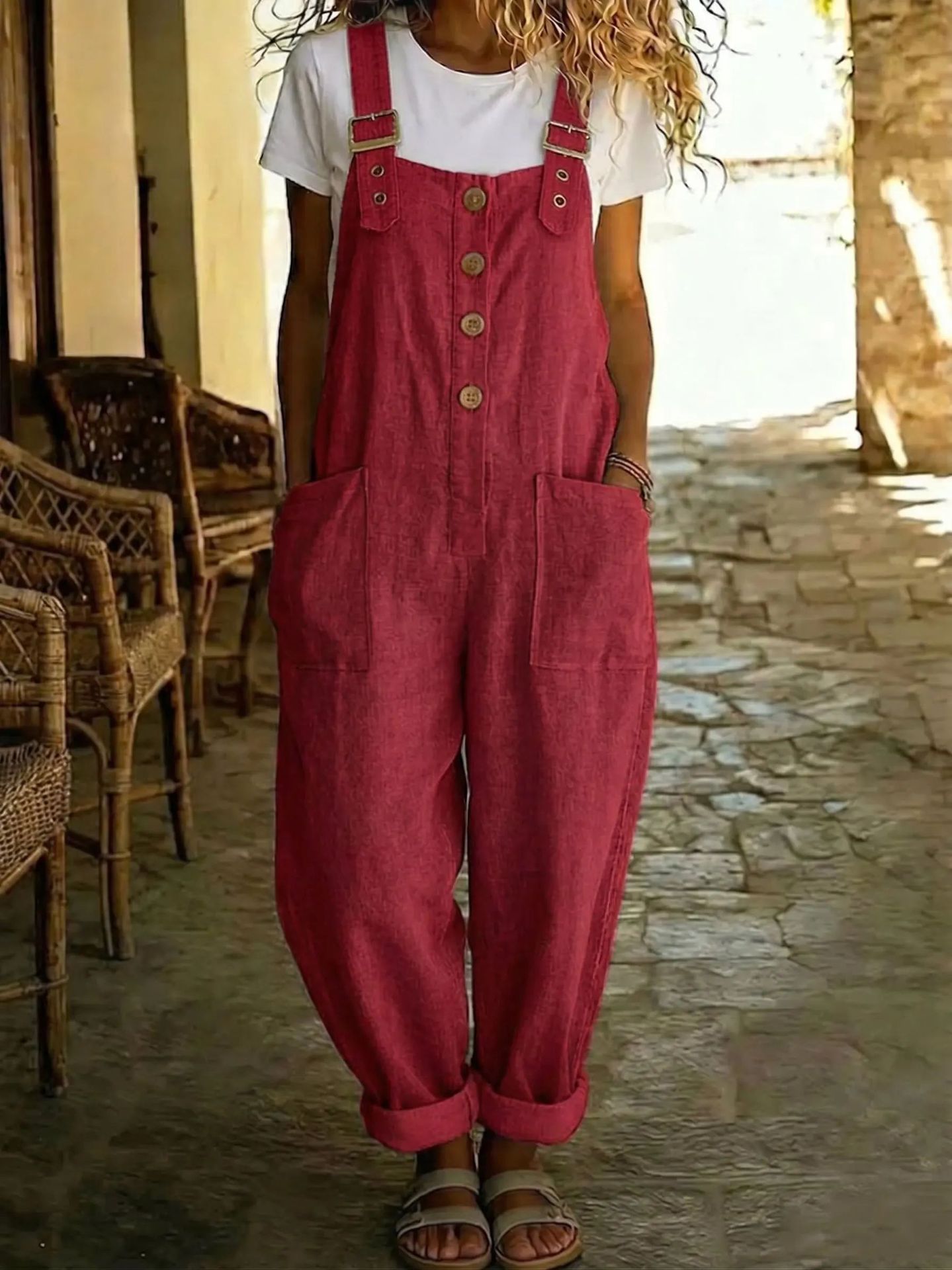 Solid-color Vintage Straight-leg Overalls For Women 