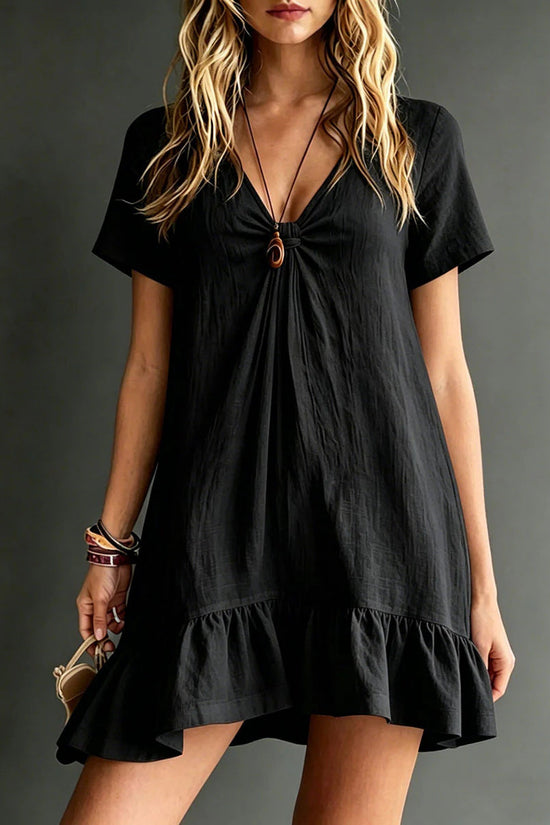 Womens Solid-Color V-Neck Short-Sleeve Casual Dress 