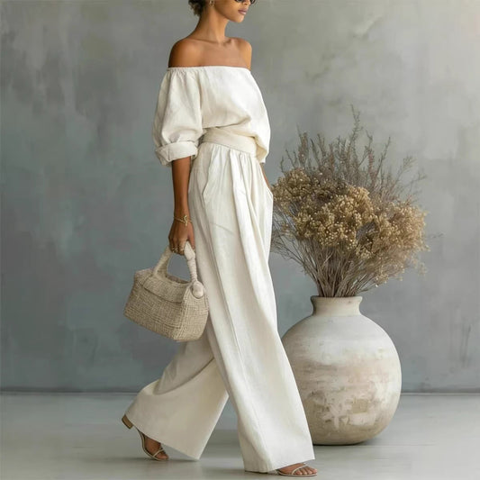 Casual Two-Piece Womens Outfit Off-Shoulder Top And Wide-Leg Pants Set 