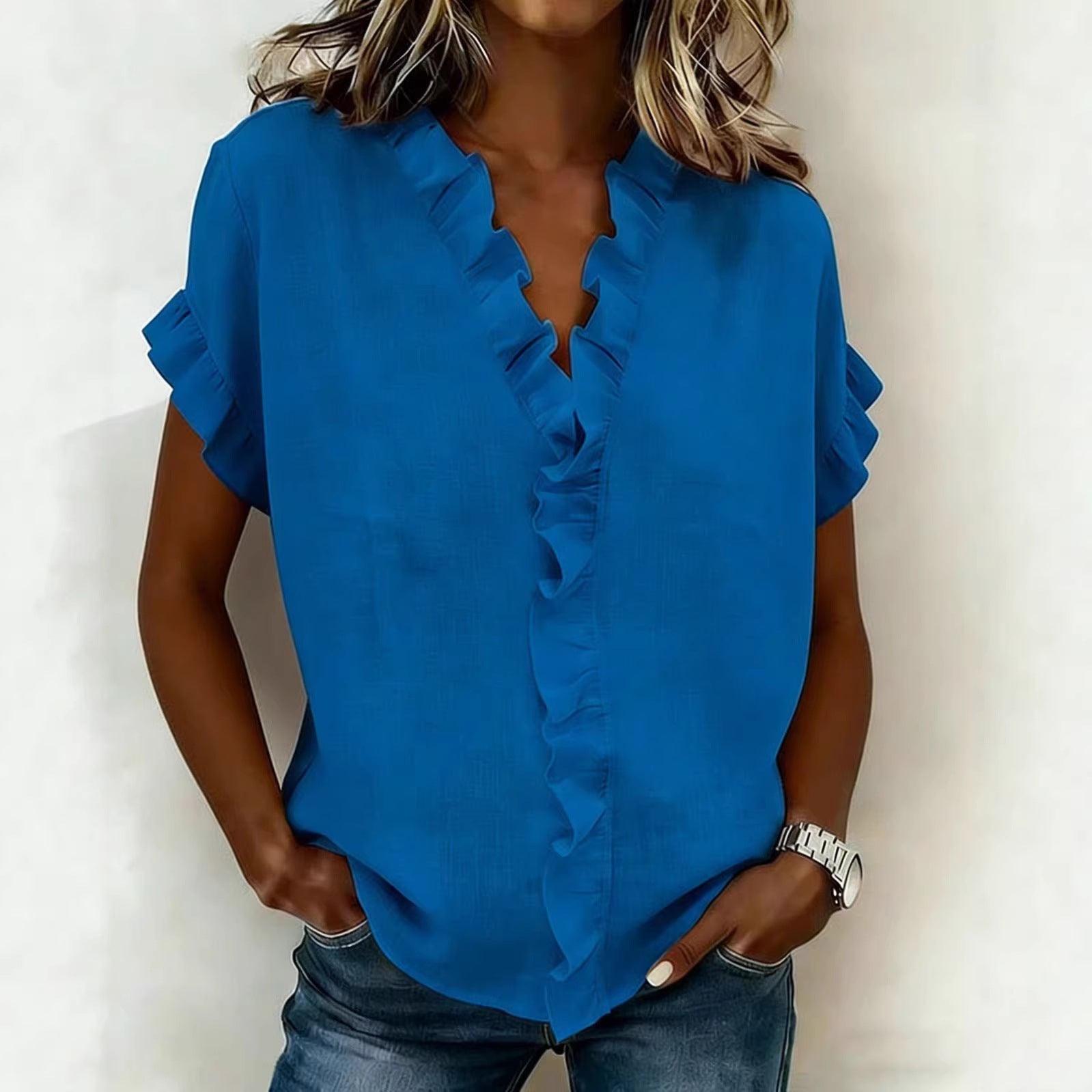 Women's V-neck Ruffled-edge Fashionable Solid-color Short-sleeve 