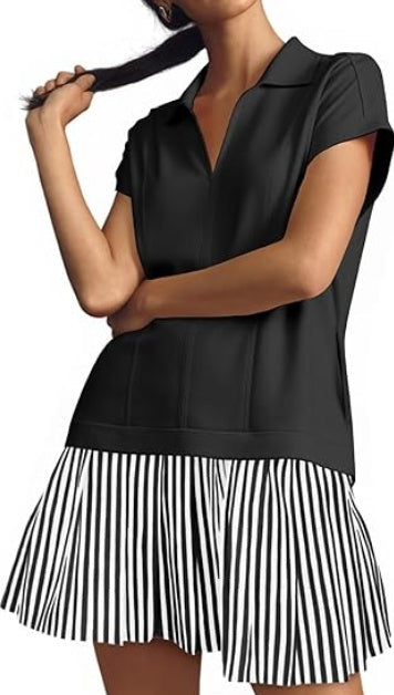 Fisoew Womens Summer Mini Dress Casual Patchwork Short Sleeve Polo V Neck Striped Dresses With Pockets CJ US