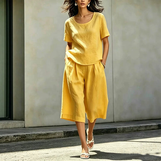 Cotton-linen Casual Loose-fitting Short-sleeve Top And Shorts Set 