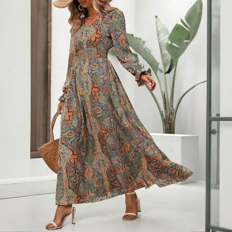 Women's V-Neck Retro Geometric Print Flounce Sleeve Dress - A-Line Maxi Dress With Smocked Waist For Spring&Summer CJ US