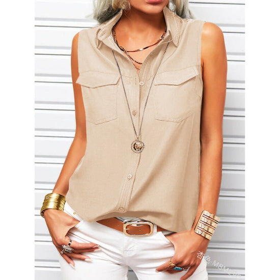 Solid-color Lapel-collar Loose-fit Sleeveless Top With Pockets 