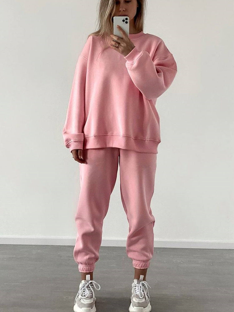 Fashionable Loose-fit Crewneck Sweatshirt With Long Sleeves And Casual Athletic Pants 