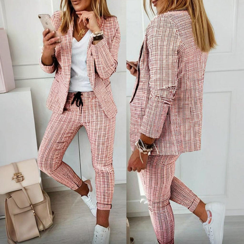 Women's Solid Color Plaid Long Sleeve Suit Two-piece Set With Pockets & Drawstring Waist Office Wear For Spring&Fall CJ US